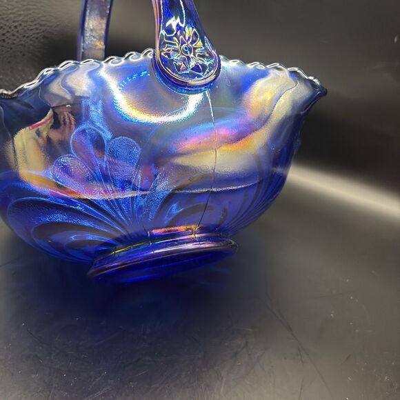 L. E. Smith Glass Co. - Revival Cobalt Blue Carnival Scroll Basket - Picture 6 of 7